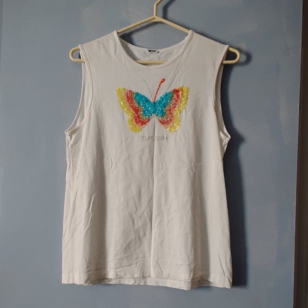 Vintage 1970s Sequin Multicolor Butterfly White Cotton Tank Top M